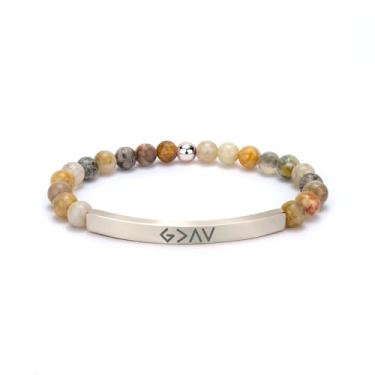 Imagem de cusurlove Pulseira cristã inspiradora para mulheres, joia de verso bíblico com contas de ágata de folha de bambu, presente de fé religiosa banhada a ouro 18K, joia de incentivo às escrituras para ela