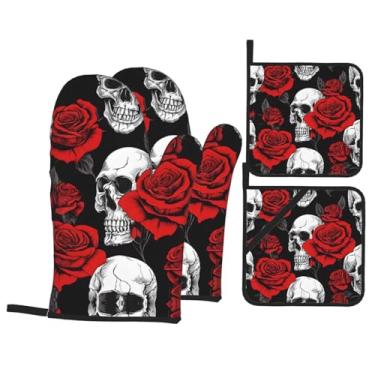 Imagem de Conjunto de luvas de cozinha estampadas de caveira de Halloween com suportes de tampa, luvas de forno resistentes ao calor para manusear panelas quentes, grelhar, churrascos, kit de 4 peças.
