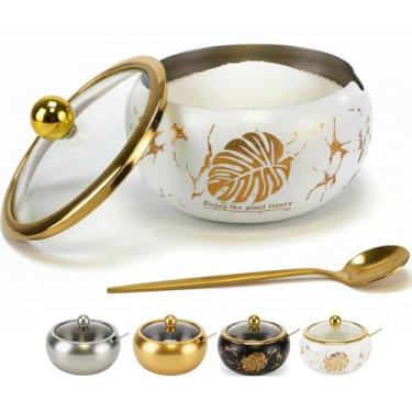 Imagem de Açucareiro de 425 g com tampa de vidro e colher, recipiente de açúcar com acessórios de barra de café, pote de aço inoxidável para sal, chá, cubo de açúcar mascavo, pode ser lavado na lava-louças