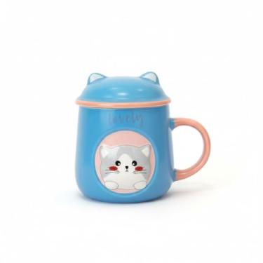Imagem de Caneca Porcelana 3D com Tampa e Colher Gatinho Azul