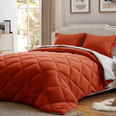 Imagem de NexHome Conjunto de edredom King Size laranja queimado e cinza claro, 3 peças, leve, reversível, conjunto de cama king size, conjunto de edredom alternativo para todas as estações