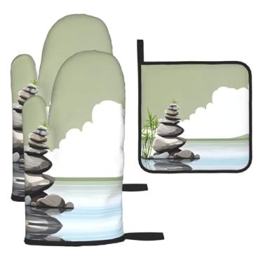 Imagem de Stone – Conjunto de cozinha essencial com 3 peças, luvas resistentes ao calor e alça de tampa, proteção para churrasco no forno, design de armazenamento suspenso.