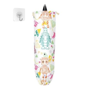 Imagem de xigua Playful Robots Suporte de parede para saco de plástico com cordão, pacote com 2, organizador de sacolas de compras reutilizáveis, decoração para bolsas, meias, roupas íntimas e gravatas
