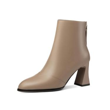 Imagem de TinaCus Bota feminina de couro legítimo de bico fino feito à mão salto alto com zíper nas costas, Caqui, 35