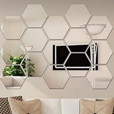 Imagem de Kit 10 Espelhos Adesivos Decorativos Hexágonos Acrílico Espelho de Parede para Banheiro Sala e Quarto