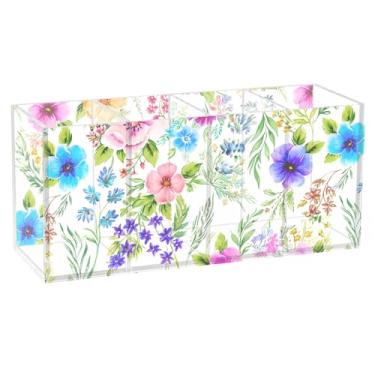 Imagem de Burbuja Porta-canetas de acrílico com flores botânicas, 4 compartimentos, suporte de lápis transparente para pincel de maquiagem estacionário, acessórios de mesa de escritório em casa