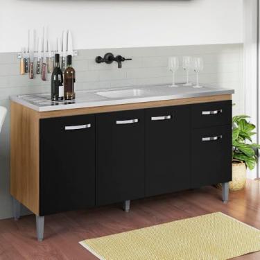 Imagem de Balcão Armário de Cozinha Gabriela 150cm Amêndoa/Preto S/Tampo 4 Portas 1 Gaveta