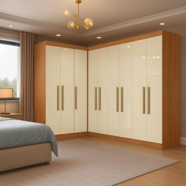 Imagem de Guarda-roupa Modulado de Canto com Puxadores Mdf Paris Cinamomo / Off White