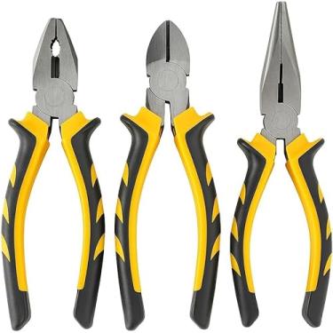 Imagem de Kit de 3 Alicates Profissionais com Cabo Ergonômico Amarelo e Preto, Universal Corte e Bico, Aço Carbono, 16-16,5 cm