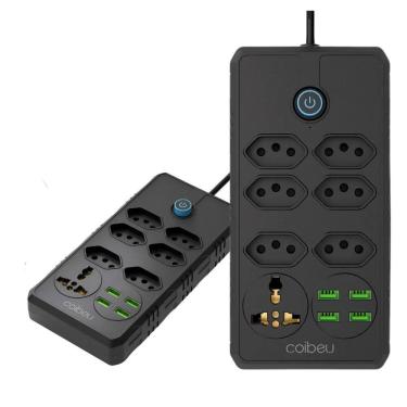 Imagem de Filtro de Linha Extensão 6 Tomadas 4 USB 1 Tipo-C Bivolt Interruptor Cabo de 5 Metros Protetor de Descarga eletrica