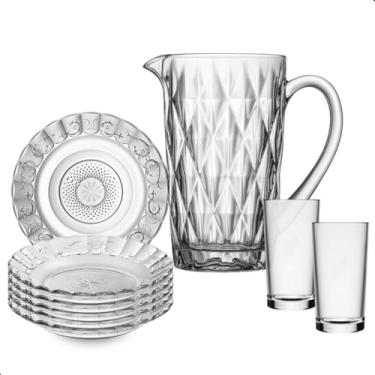 Imagem de Aparelho de Jantar de Vidro Completo – Pratos, Copos 225ml e Jarra (3 Modelos Exclusivos), Design Moderno e Sofisticado para Mesa Posta (Diamante)