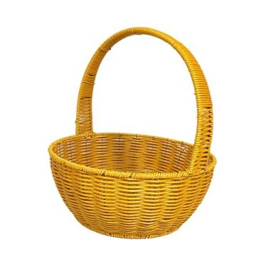 Imagem de Generic Cesta de vime trançado com alça, redonda, portátil, para compras, ideal para mesa, armazenamento de doces e lanches. Multiuso, em rattan PP, 28cmx32cm