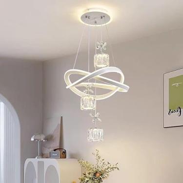 Imagem de Lustre LED moderno para iluminação decorativa de interiores, com intensidade regulável, em formato de flor de cristal, luminária pendente de 80W com anel de alumínio branco, ideal para mesa