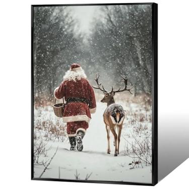 Imagem de Impressão de arte de parede de rena do Papai Noel – Floresta neve no inverno, pôsteres para decoração de casa de Natal para decoração estética de quarto familiar em tela, decoração de parede, 30,5 x