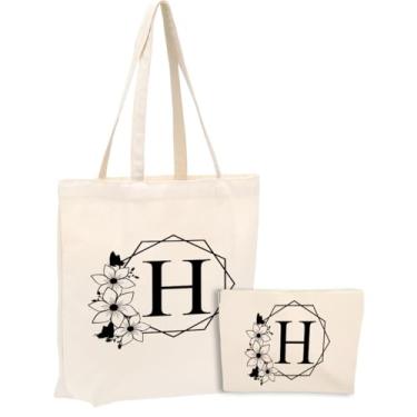 Imagem de Bolsa de lona inicial, presentes personalizados, adequada para casamento, aniversário, praia, férias, trabalho, dia das mães, conjunto de sacolas de cosméticos de Natal e sacola de presente monograma