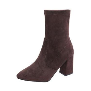 Imagem de Botas femininas de camurça com bico fino e salto grosso para um visual casual moderno e confortável, Marrom, 35