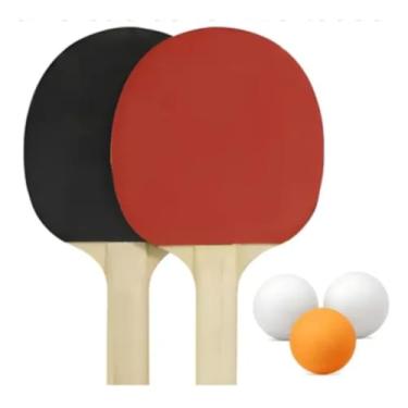 Imagem de Kit Ping Pong com 2 Raquetes e 3 Bolinhas, Tênis de Mesa, Preto e Vermelho, Madeira e Borracha