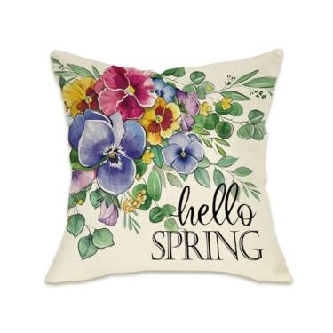 Imagem de Fahrendom Capa de almofada decorativa Hello Spring Pansy Flower 40,6 x 40,6 cm, folhas de eucalipto floral, varanda, pátio, capa de almofada para sofá, decoração de casa