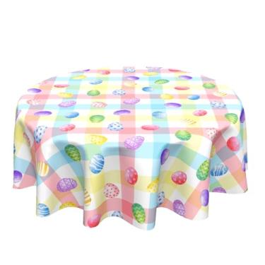 Imagem de Sweetshow Toalha de mesa redonda com ovos coloridos de Páscoa, xadrez, xadrez, 152 cm, lavável, manchas e rugas, capa de mesa redonda para jantar e piquenique