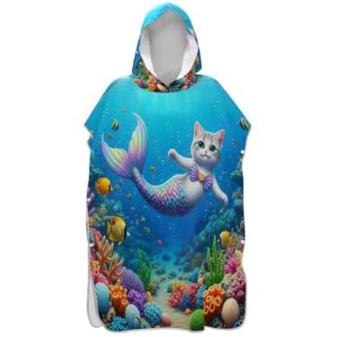 Imagem de Joisal Roupão de mudança para adultos, poncho de surfe, praia, banho, toalhas com capuz absorventes para homens e mulheres, poncho com capuz, gato sereia fofo