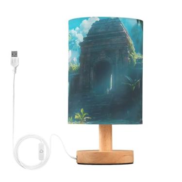 Imagem de Candeeiros de mesa lateral de quarto com templo da selva mística, abajur de linho, luminária de mesa noturna, luminária de balcão pequena