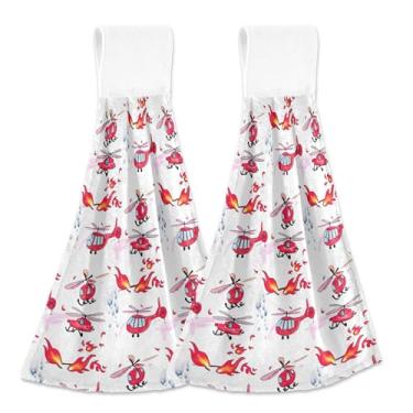 Imagem de Toalhas de mão personalizadas de helicóptero de bombeiro com laço para pendurar toalhas de dedo para forno, conjunto de 2 toalhas absorventes macias e fofas para casa e cozinha, 46 x 35 cm