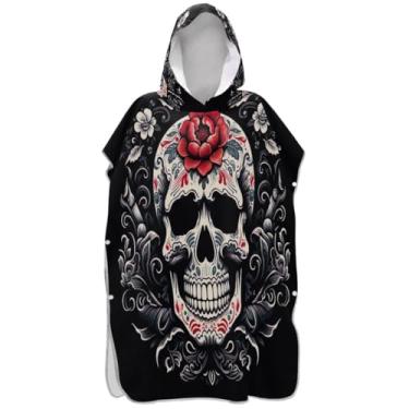 Imagem de Joisal Roupão reutilizável para troca de poncho de surfe para adultos, toalha de banho com capuz, crânio branco, ponchos de praia escuros para homens