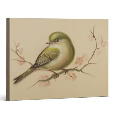 Imagem de Arte de parede vintage primavera pássaro impressão de pássaro flor de cerejeira pintura estética animal decoração de parede para casa fazenda 20 x 25 centímetros emoldurado