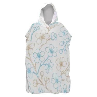 Imagem de TSENQUE Roupão de mudança de poncho de surfe branco com flores azuis marrons para adultos toalha de praia com capuz absorvente de natação masculino feminino poncho com capuz