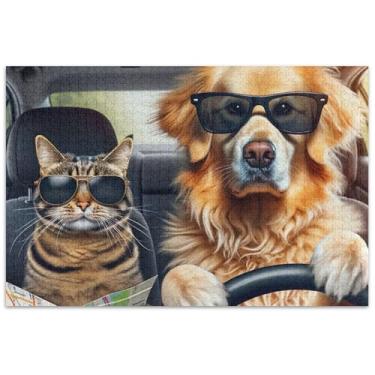 Imagem de Engraçado gato cachorro dirigindo 1000 peças quebra-cabeça adultos paisagem floral arte quebra-cabeça elefante branco presentes engraçados