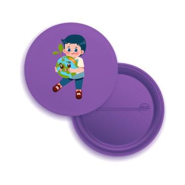 Imagem de Bottons com Alfinete, Tema Criança Abraçando o Planeta Terra, Design Cartoon, Branco, Pacote com 10 Unidades (30, Roxo)