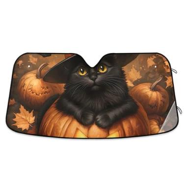 Imagem de Guarda-sol personalizado outono abóbora gato preto carro para-brisa engraçado universal dobrável acessórios de carro persianas para-brisa frontal L, 144.8 cm x 80.0 cm
