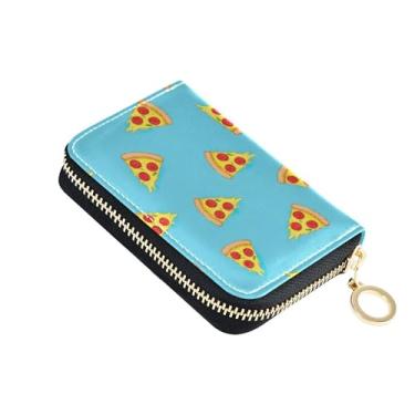 Imagem de Carteira feminina de couro com bloqueio de RFID, carteira pequena com zíper com bolsa de moedas, fatia de pizza de desenho animado azul