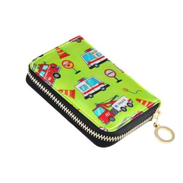 Imagem de Porta-cartões com bloqueio de RFID, carteiras femininas fofas com zíper pequeno com bolsa de moedas, vermelho, caminhões de bombeiros, verde