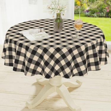 Imagem de misaya Toalha de mesa redonda de vinil impermeável, toalha de mesa de flanela de búfalo, capa de mesa de plástico limpa para jantar, cozinha, piquenique (152 cm, preto e bege)