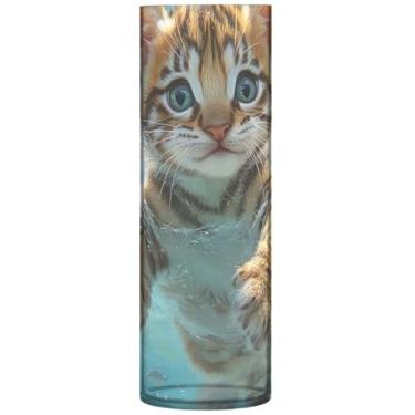 Imagem de Pintura de gato, vaso cilíndrico de gatinho fofo, vaso de flores, vasos e plantadores de plástico personalizado, decoração de mesa moderna floral, 30 cm x 9,9 cm
