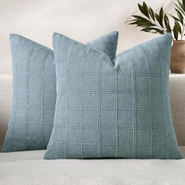 Imagem de Woaboy Capas de almofada xadrez de linho azul cinza casa de fazenda moderna boho vintage costeira 61 x 61 centímetros conjunto de 2 capas de almofadas decorativas para sofá, sofá, quarto, sala de