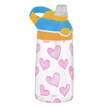 Imagem de Garrafa de água branca Pink Hearts Valentine para crianças 473 ml Tritan garrafa de água de plástico portátil com tampa de canudo 473 ml copo infantil à prova de vazamento reutilizável, alça de