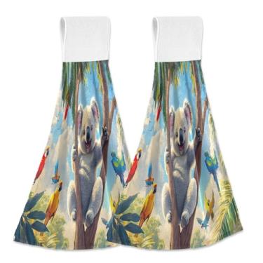 Imagem de Joitme Toalhas de mão penduradas fofas de papagaio coala com laço pacote com 2, toalhas de gravata decorativas de lã coral absorvente para cozinha e banheiro