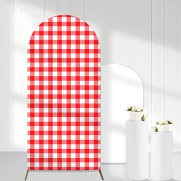 Imagem de Cheerupp Capas de fundo de arco de guingão vermelho e branco, capas de suporte de arco elástico vermelho de 1,8 m, capas de suporte de arco xadrez branco para decoração de casamento, aniversário, chá