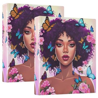 Imagem de Fichário feminino afro-americano com três anéis de 3 cm, 200 folhas, estampa fofa, 3 pastas de anel redondo, 31,5 x 27 x 6 cm, pacote com 2