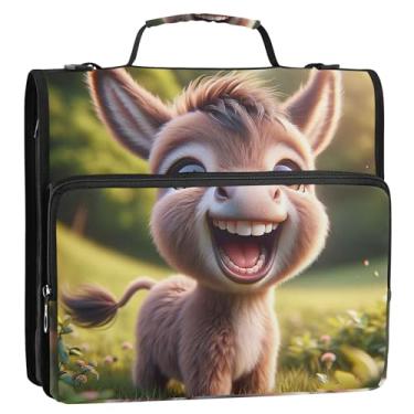 Imagem de 3 fichários de 3,8 cm anel D fofo burro sorridente, organizador de fichário com zíper, bolsa de fichário de ensino médio com alça para armazenamento de negócios com alça