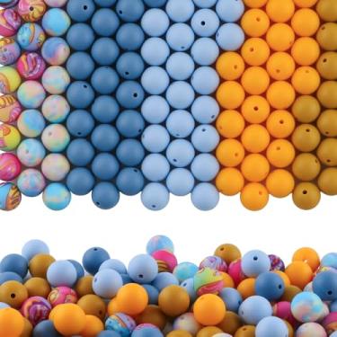 Imagem de HHCFAST 150 contas de silicone de cor mista de 15 mm para fabricação de chaveiros, contas de silicone com estampa amarela mostarda azul para canetas e pulseiras