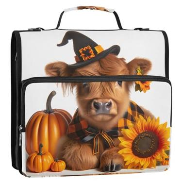 Imagem de Fichários Highland Cow Cattle Halloween com 3 anéis de 3,8 cm anel D com zíper, fichário com alça, bolsa escolar de ensino médio, suporte para 500 folhas