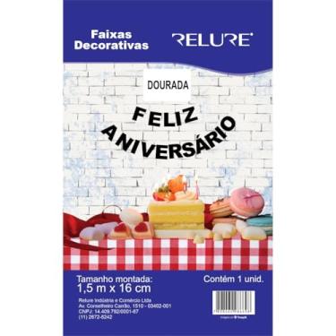 Imagem de Faixa Decorativa, Honey, Feliz Aniversário, Ouro, 1,5 m x 16 cm, com Cordão