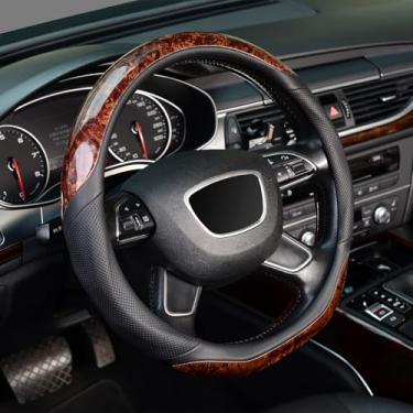 Imagem de KAFEEK Capa de volante em forma de D, grão de madeira, universal de 35 a 38 cm, protetor de volante de carro de fundo plano, couro de microfibra preto para homens e mulheres