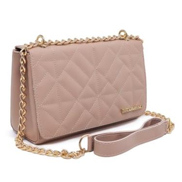 Imagem de Bolsa Transversal Feminina Matelassê, Alça Corrente Dourada, Couro Sintético Preto (Rosa)