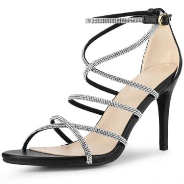 Imagem de Perphy Sandálias femininas de salto agulha com tira no tornozelo com tiras e strass, Preto, 41