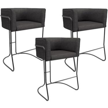 Imagem de Kit 03 Banquetas Baixa Base de Aço Preto Betina D02 Linho Cinza Escuro C-420 - Lyam Decor