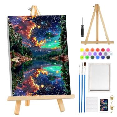 Imagem de MOGTAA Kit de pintura de céu estrelado por números para adultos iniciantes com moldura, lago e montanhas kits de pintura por números em tela com cavalete, kits de pintura a óleo DIY fáceis para